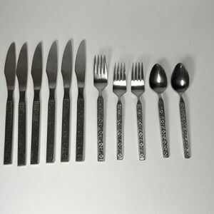 Vtg Gold Standard Night Blossom Flatware 11 Pc Japan Floral MCM